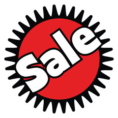 Red starburst symbol displaying the sale text in bold, outlined, and white lettering