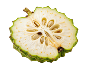 Close-up of a sliced exotic fruit, pale-yellow interior,  green rind,  seeds visible