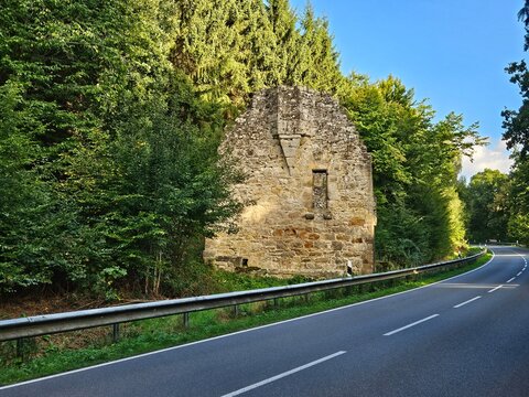 Ruins of the Chapel of Reinshagen, between near Adelebsen, Northeim district, Germany. The church was inaugurated in 1199, the village was destroyed by the plague in 1348, after which the church decay