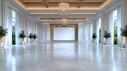 Fototapeta premium Spacious ballroom with elegant chandeliers and large screen, perfect for events and gatherings