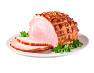 Sliced, roasted ham on a plate