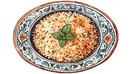 Traditional Indian Chicken Biryani on a Plate - Watercolor Food Art