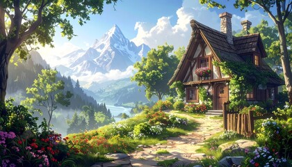 A charming alpine cottage nestled amidst a picturesque valley
