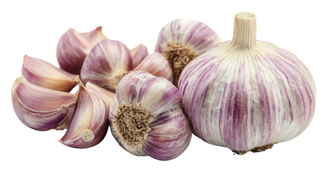 freshly harvested garlic bulbs and cloves, perfect ingredient for culinary creation. the essence of flavor and aroma. Isolated On Transparent and White Background