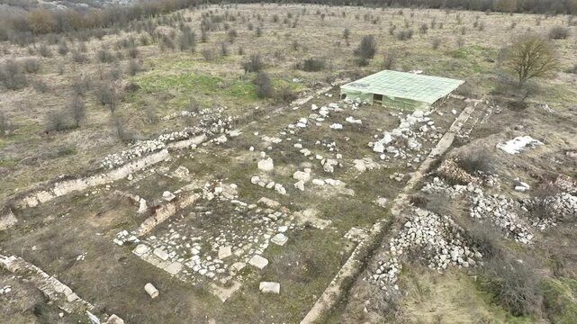 Aerial view of ancient archaeological excavation site. The great episcopal basilica in the Palmatis fortress, near the town of Dobrich, Bulgaria