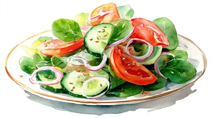 Fresh Vegetable Salad with Sesame Seeds - Bright Watercolor Illustration
