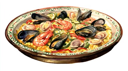 Traditional Spanish Seafood Paella - Artistic Watercolor Painting