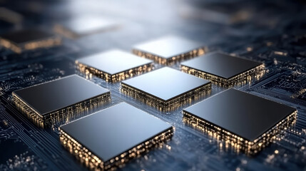 High tech microchips arranged on circuit board, showcasing advanced technology and innovation