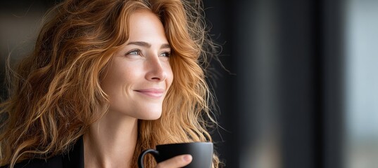 Stylish redhead lady holding a cup of coffee indoors, relaxing and enjoying her morning beverage.