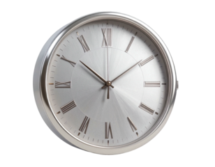 Silver round wall clock with Roman numerals