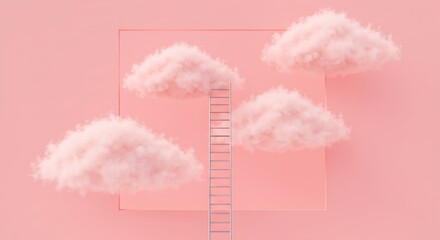 Metal ladder rising into a pink cloud on pastel background &mdash; abstract concept of ambition and escape.