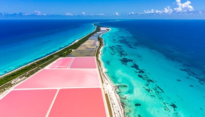 Aerial view of a pink salt flats coastline