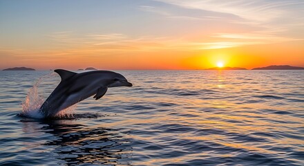 Obraz premium Dolphin leaping from the ocean at sunset, a moment of marine beauty.