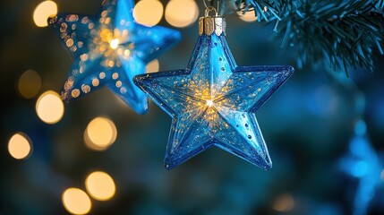 Holiday decoration sparkling blue star ornament festive atmosphere christmas tree cozy home close-up view celebration concept