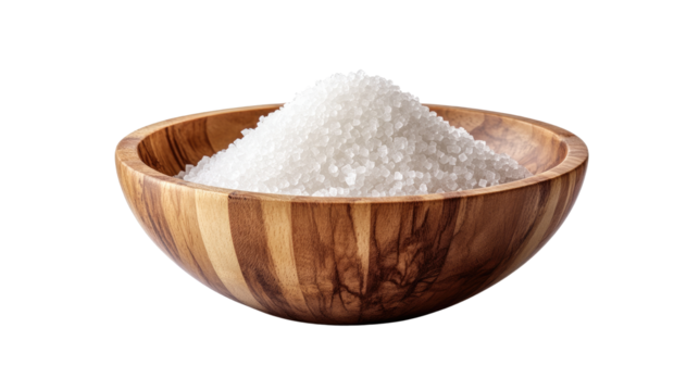 close-up image features a wooden bowl brimming with coarse sea salt, evoking a sense of purity and natural goodness. captured in stunning detail. Isolated On Transparent and White Background