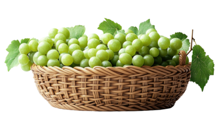 freshly harvested grapes in a rustic wicker basket, a symbol of nature's bounty and the sweetness of a fruitful harvest. Isolated On Transparent and White Background