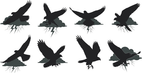 Flying bird silhouettes, storm cloud lightning, dramatic raven eagle poses, black vector birds, thunder flight design, gothic wildlife illustration set