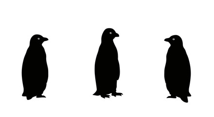 Three distinct black penguins stand in a line on a plain surface creating a visually striking composition