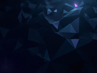 Obraz premium Dark abstract polygon background, low-poly triangular mesh with sharp crystalline surfaces, glossy obsidian textures with subtle cyan and violet highlights, high contrast depth shadows, illuminated ed