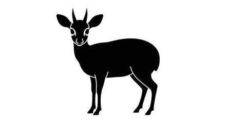 Silhouette of a small dik-dik antelope standing facing forward with delicate horns and large eyes for wildlife art and design