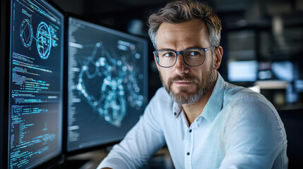 Fototapeta premium Cybersecurity analyst monitoring threat dashboard with multiple screens displaying data