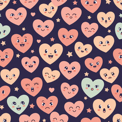 Fototapeta premium A charming collection of kawaii hearts with playful facial expressions and a few stars on a dark navy background.