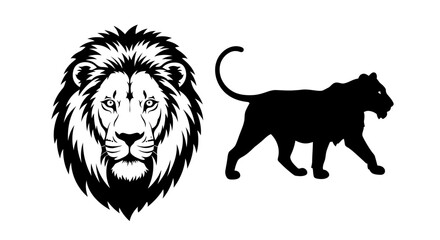 Majestic lion head close-up and silhouetted lioness walking together wild animal art