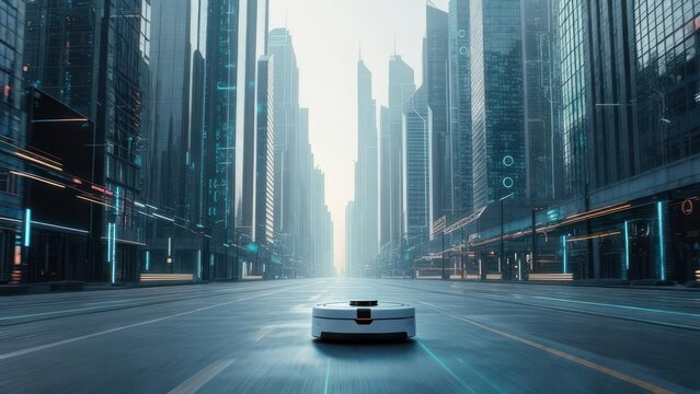 Futuristic city street with autonomous vehicle