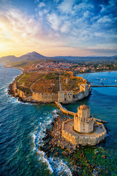 Aerial view of the old venetian Castle and Bourtzi tower at Methoni, Messenia, Peloponnese, Greece, during summer sunset time