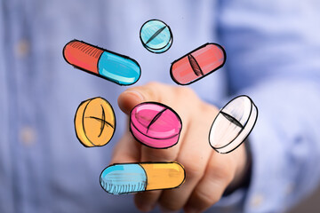 Doctor choosing medication, healthcare, pharmacy, treatment, health, wellness, medicine, pills, capsules, tablets, drugs, therapy, recover