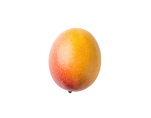 Single, ripe mango, vibrant orange-red hues, oval shape, isolated on black background