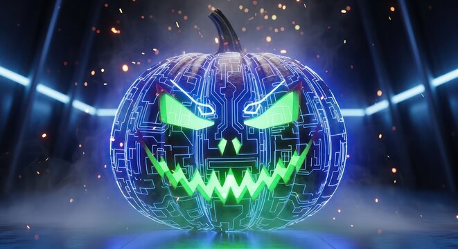 Techno Halloween: Illuminated pumpkin with circuit board patterns and spooky green eyes