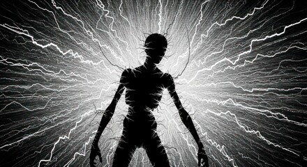 Silhouette figure radiating ethereal energy in a high contrast monochrome illustration