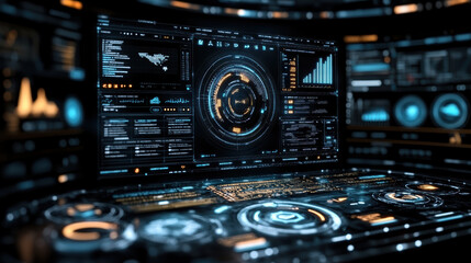 Obraz premium High tech digital workspace with user interface elements, data visualization, and analytics