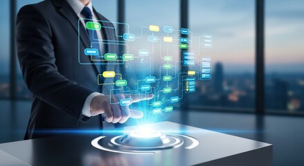 Executive controlling futuristic technology interface in high rise business center environment