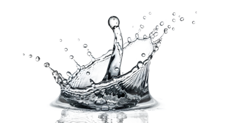 Dynamic macro shot capturing the frozen motion of a water splash creating a liquid crown, isolated on a clean white background