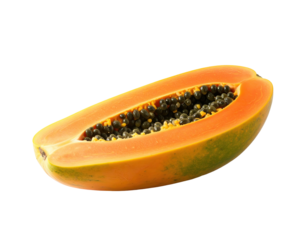 Close-up of a sliced papaya, vibrant orange-pink flesh, dark seeds, and hints of green