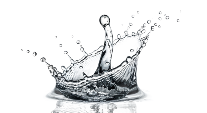Dynamic macro shot capturing the frozen motion of a water splash creating a liquid crown, isolated on a clean white background