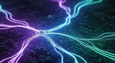 Obraz premium Abstract glowing network cables against a dark circuit board backdrop
