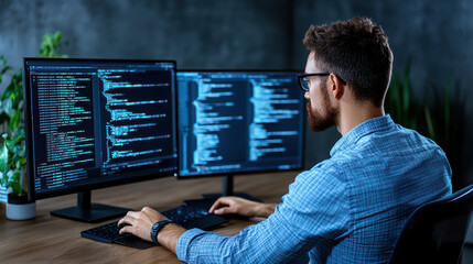 Focused programmer working dual monitors with code displayed, showcasing tech savvy environment