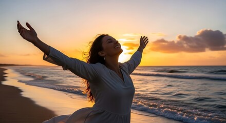 A woman with arms outstretched enjoys a golden sunset over the ocean at a tranquil beach.