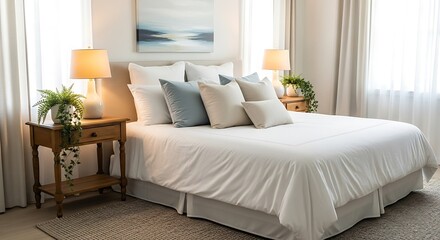 A well-lit bedroom boasts a comfortable bed with a crisp white duvet and coordinating pillows, accented by a light-toned wooden nightstand.