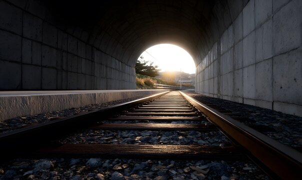 a light at the end of a tunnel so distant comes into view and illuminates the train tracks and surrounding walls