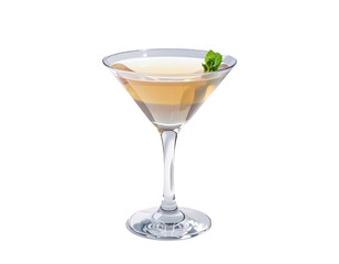 A light golden cocktail in a martini glass, garnished with mint