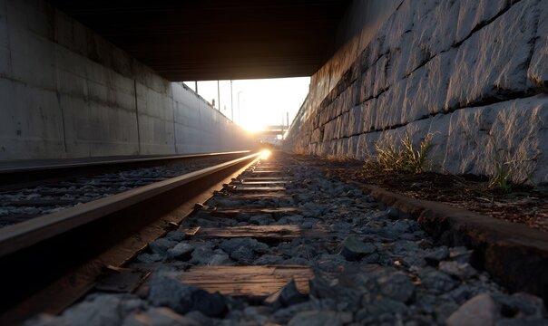 a light at the end of a tunnel so distant comes into view and illuminates the train tracks and surrounding walls