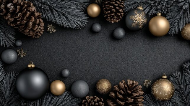 A black and gold Christmas ornament display with pine cones and snowflakes