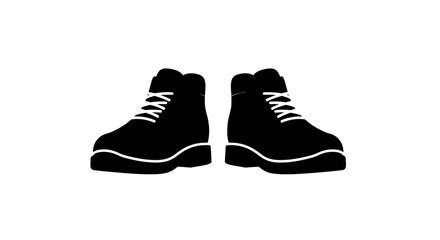 Pair of black lace-up hiking boots with white laces and thick soles isolated on white