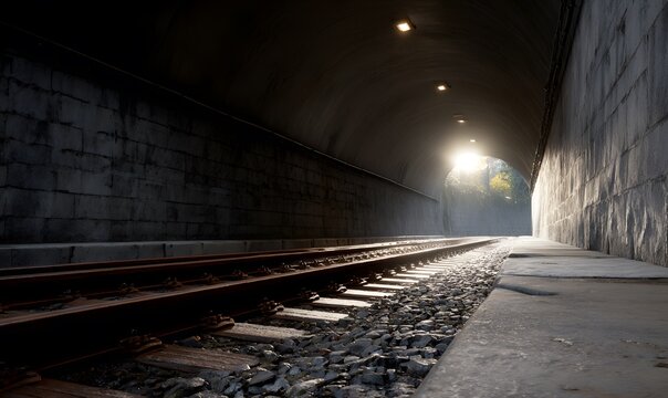a light at the end of a tunnel so distant comes into view and illuminates the train tracks and surrounding walls