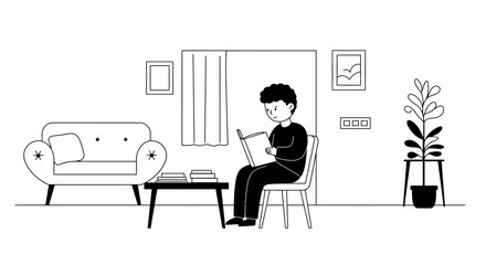 Young person reading a book indoors cozy living room couch coffee table window plant art