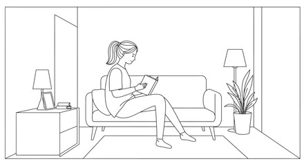 Woman relaxing on a couch reading a book in a cozy well-lit living room scene